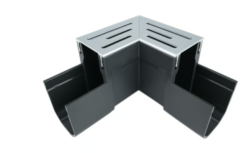 Lijngoot Smal pvc hoekstuk met grijs aluminium rooster