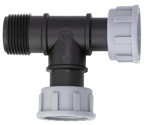 PP t-stuk, 2 x swivel 1" x 1" bu.dr.