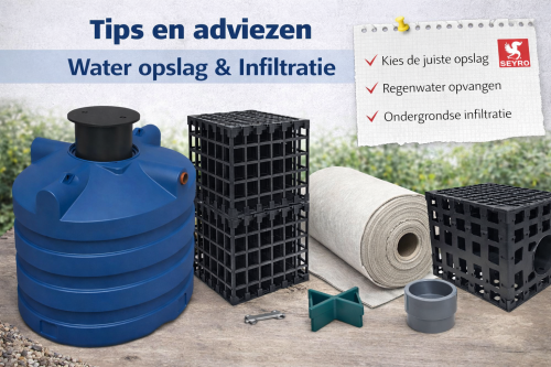 Kies bij wateropslag en infiltratie een systeem dat past bij de hoeveelheid regenwater en de bodemgesteldheid. Gebruik altijd voorfiltratie, zoals zandvang of filter, om vervuiling te voorkomen. Zorg voor voldoende infiltratiecapaciteit en plaats inspectiemogelijkheden voor onderhoud. Door regenwater op te slaan of te laten infiltreren, voorkom je wateroverlast en ontlast je het riool.