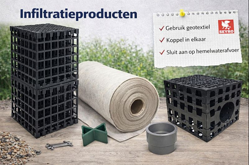 Een infiltratie systeem wordt gebruikt voor het opvangen en gecontroleerd laten wegzakken van regenwater in de bodem. Het systeem bestaat uit infiltratiekratten voor tijdelijke wateropslag, geotextiel om vervuiling door zand en grond te voorkomen en aansluitadapters voor een eenvoudige koppeling met hemelwaterafvoer. Deze combinatie helpt wateroverlast te verminderen en ontlast het riool op een duurzame manier.