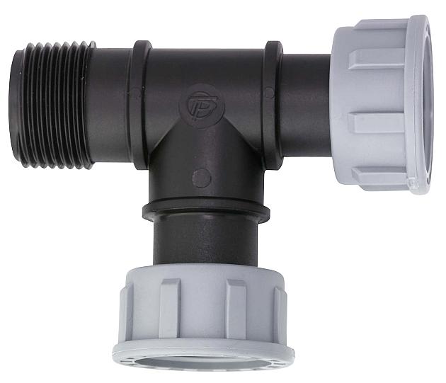 PP t-stuk, 2 x swivel 1" x 1" bu.dr.