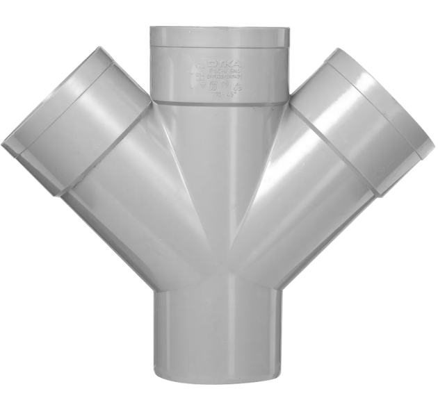 Het dubbel PVC T-stuk 45° met 3x lijmmof 