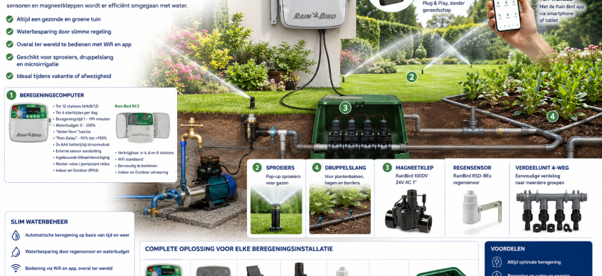 automatische beregeningsinstallatie met rain bird wifi controller magneetkleppen sproeiers en druppels