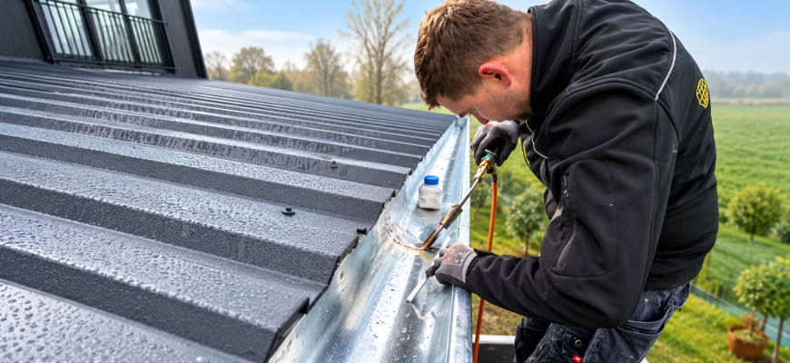 dakwerker soldeert zinken dakgoot in de mist