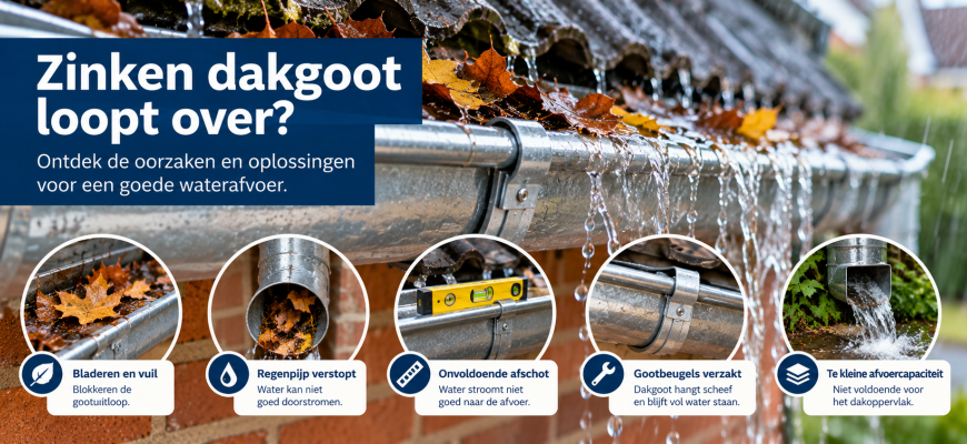overlopende zinken dakgoot in de regen